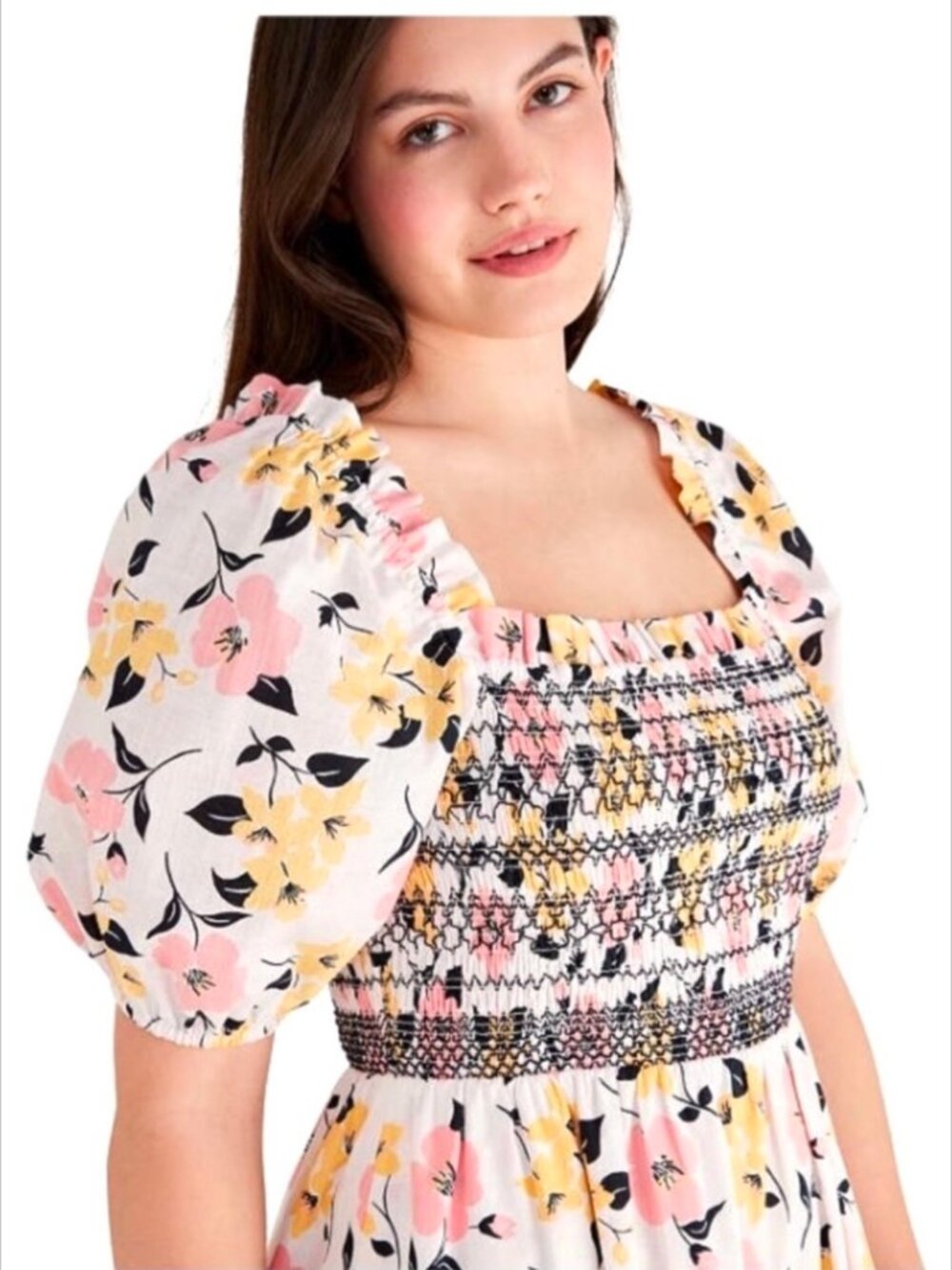 Kate Spade Lily Blooms Smocked Midi Dress Cream Pink Yellow Floral XS